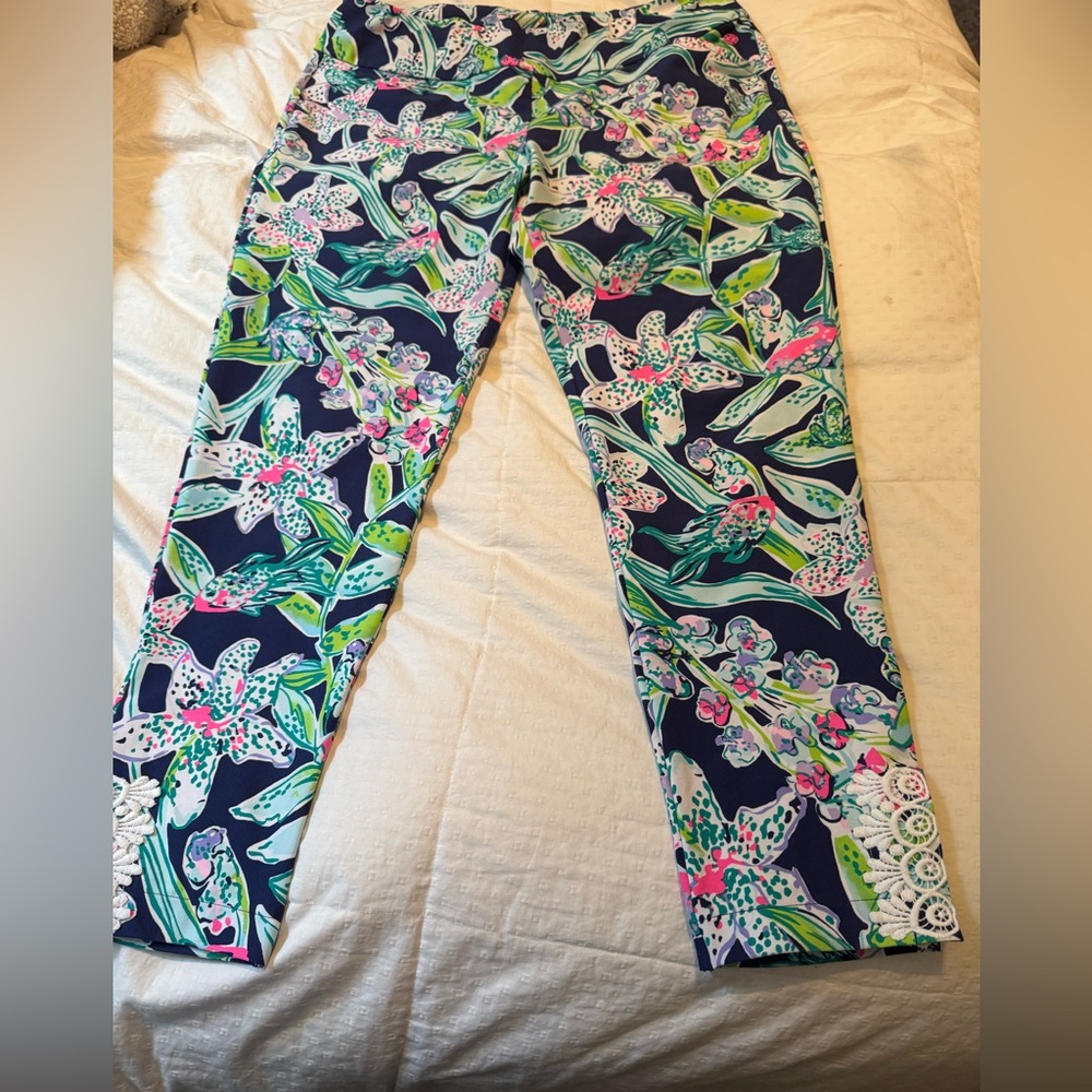 Lilly Pulitzer Luxletic Corso Floral Patterned Pants with lace appliqué.